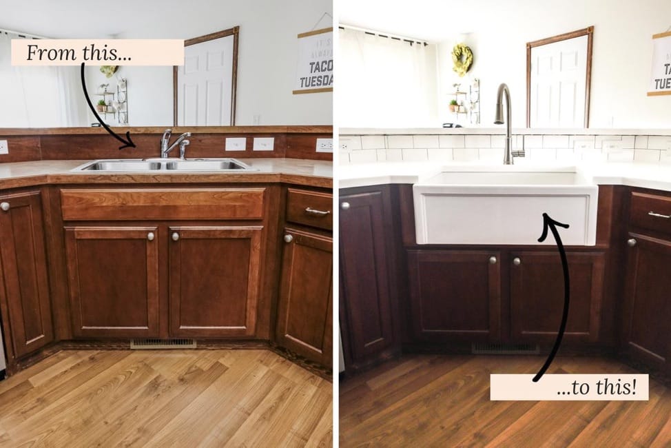 before and after of standard stainless steel sink and white fireclay kitchen sink