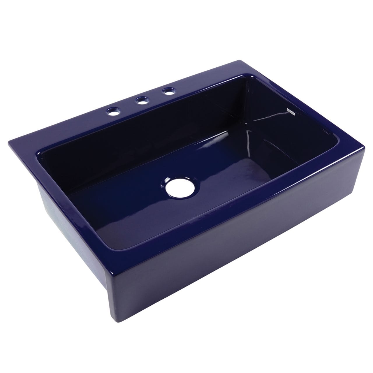 A glossy royal blue rectangular Quick-Fit® drop-in farmhouse sink made in fireclay with 3 faucet holes and a 3.5" drain hole.