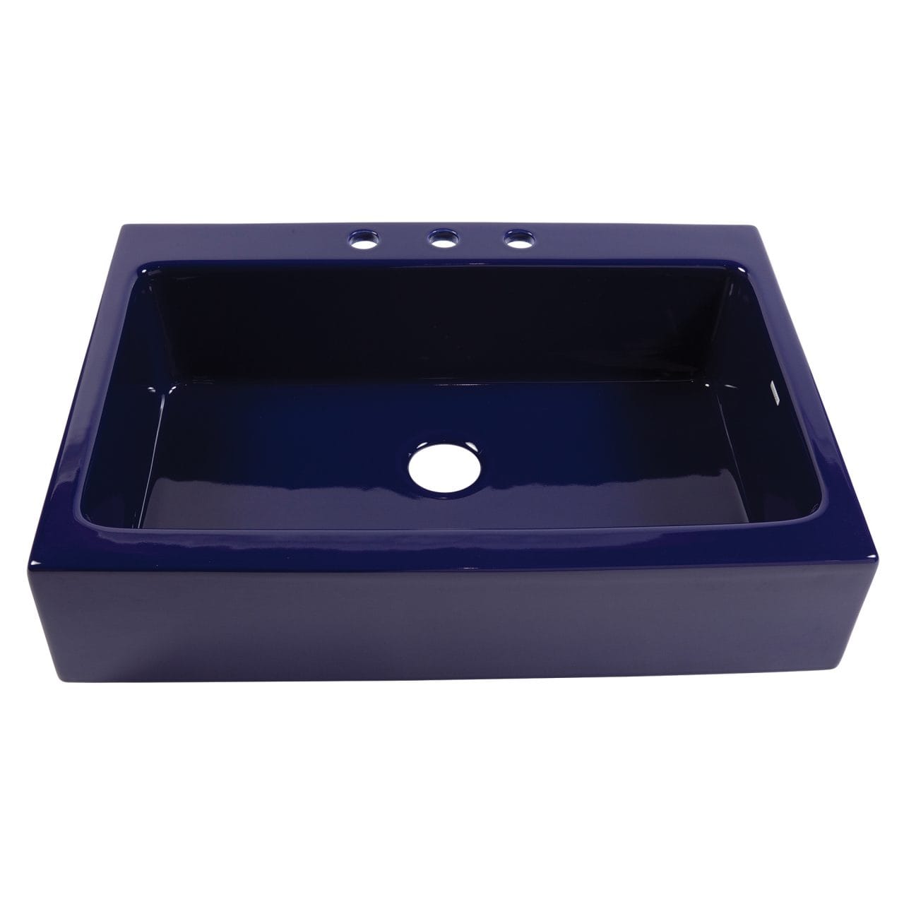 A glossy royal blue rectangular Quick-Fit® drop-in farmhouse sink made in fireclay with 3 faucet holes and a 3.5" drain hole.