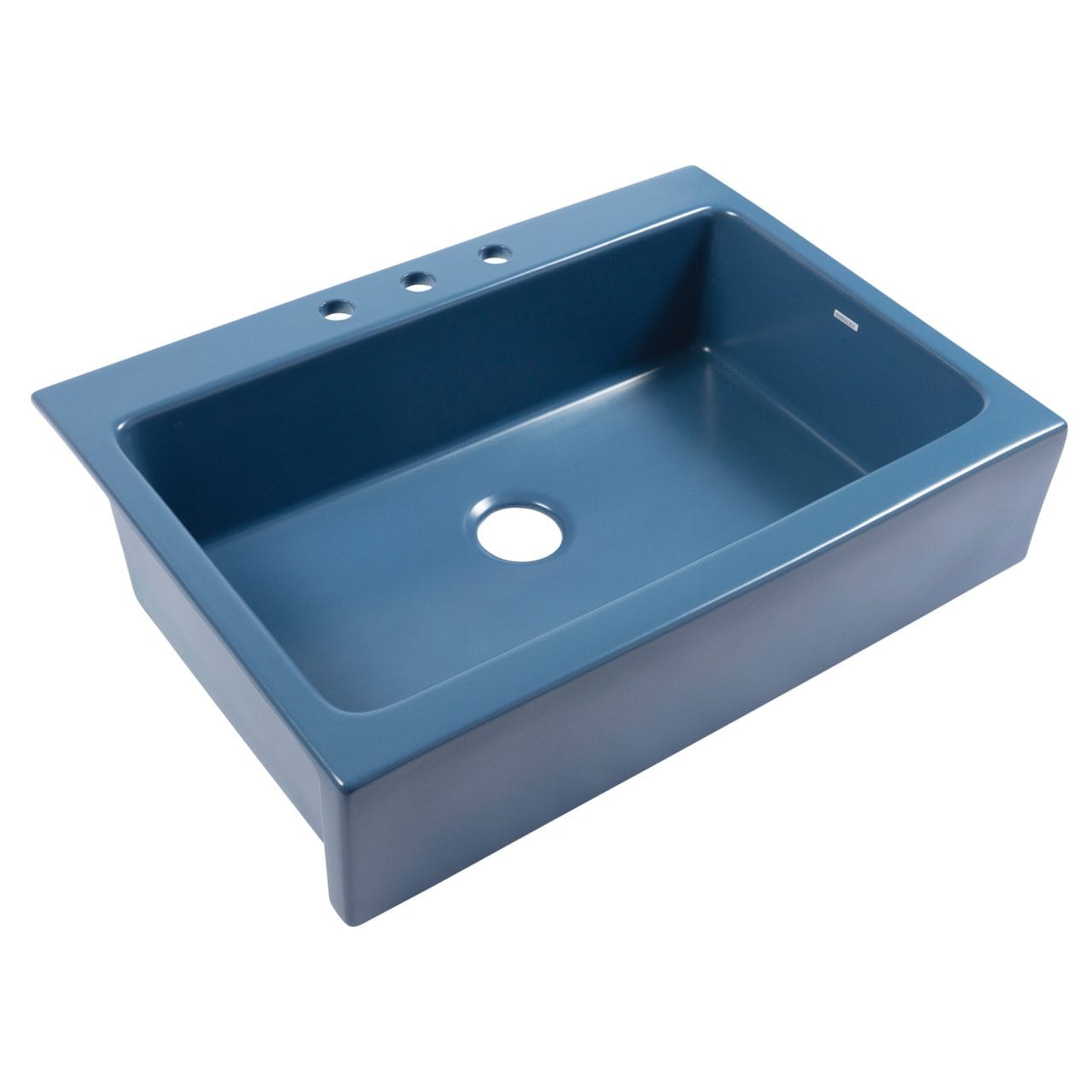 A matte blue rectangular Quick-Fit® drop-in farmhouse sink made in fireclay with 3 faucet holes and a 3.5" drain hole.