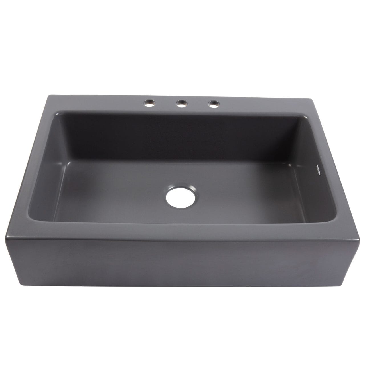 A matte gray rectangular Quick-Fit® drop-in farmhouse sink made in fireclay with 3 faucet holes and a 3.5" drain hole.