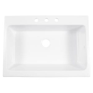 A matte white rectangular Quick-Fit® drop-in farmhouse sink made in fireclay with 3 faucet holes and a 3.5" drain hole.