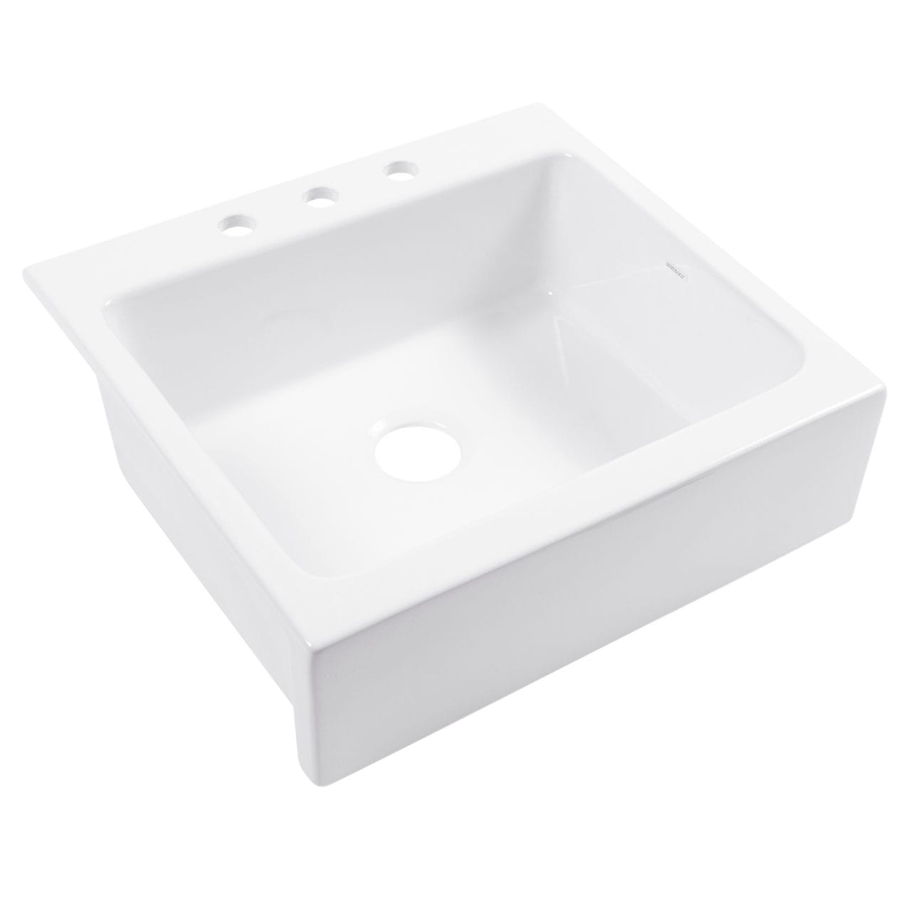 A glossy white rectangular Quick-Fit® drop-in farmhouse sink made in fireclay with 3 faucet holes and a 3.5" drain hole.