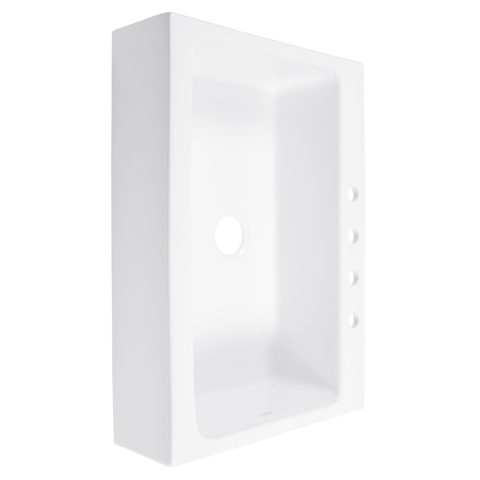 A glossy white rectangular Quick-Fit® drop-in farmhouse sink made in fireclay with 3 faucet holes and a 3.5" drain hole.