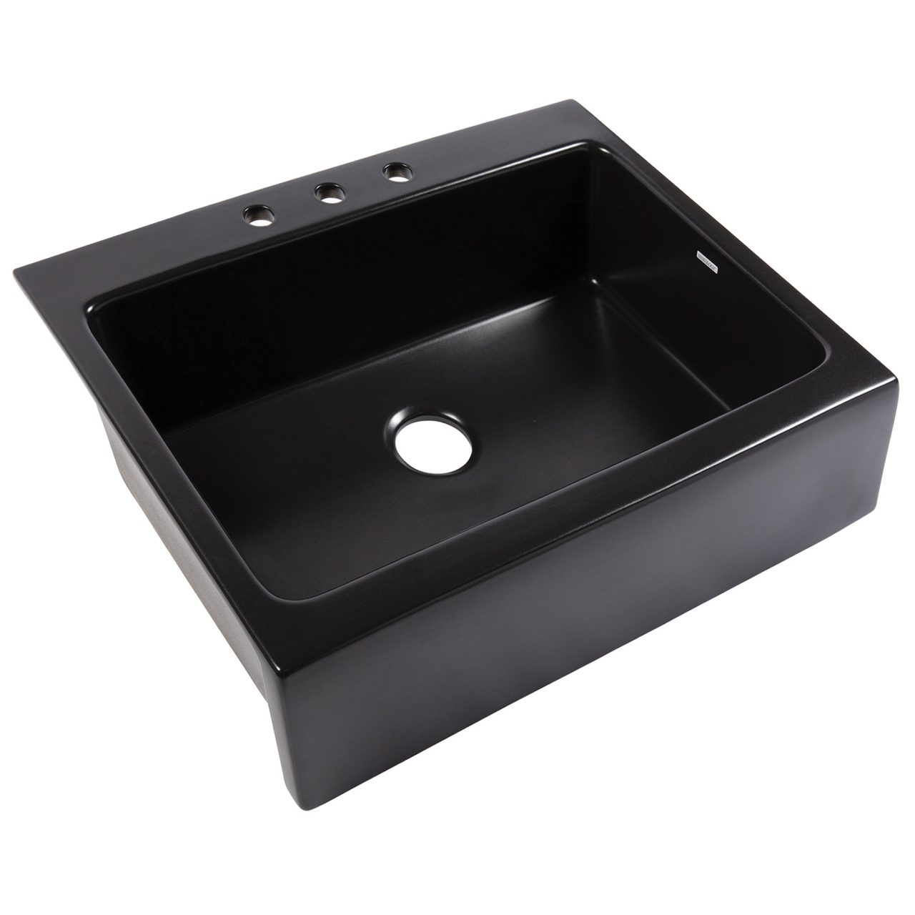 A matte black rectangular Quick-Fit® drop-in farmhouse sink made in fireclay with 3 faucet holes and a 3.5" drain hole.