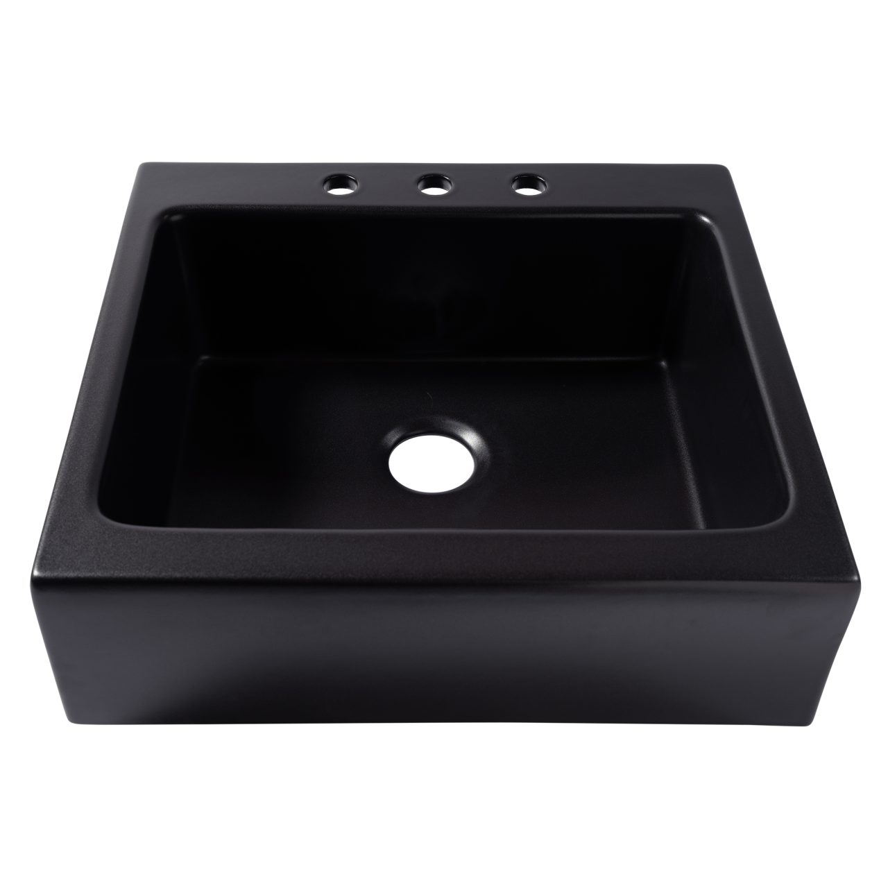 A matte black rectangular Quick-Fit® drop-in farmhouse sink made in fireclay with 3 faucet holes and a 3.5" drain hole.