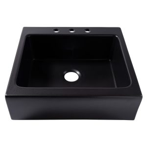A matte black rectangular Quick-Fit® drop-in farmhouse sink made in fireclay with 3 faucet holes and a 3.5" drain hole.