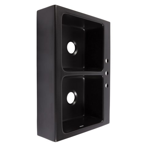 A matte black rectangular Quick-Fit® drop-in farmhouse sink made in fireclay with a 3.5" drain hole.