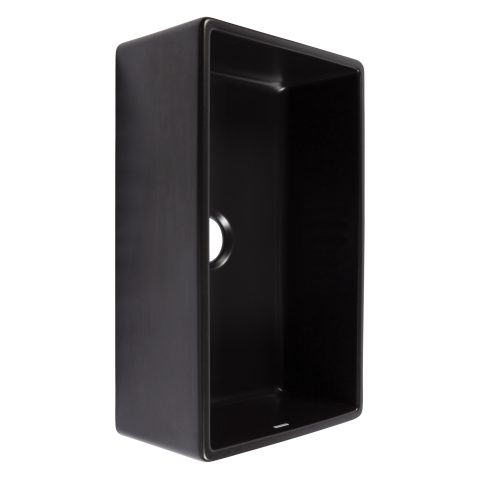 A matte black rectangular undermount farmhouse sink made in fireclay with a 3.5" drain hole.