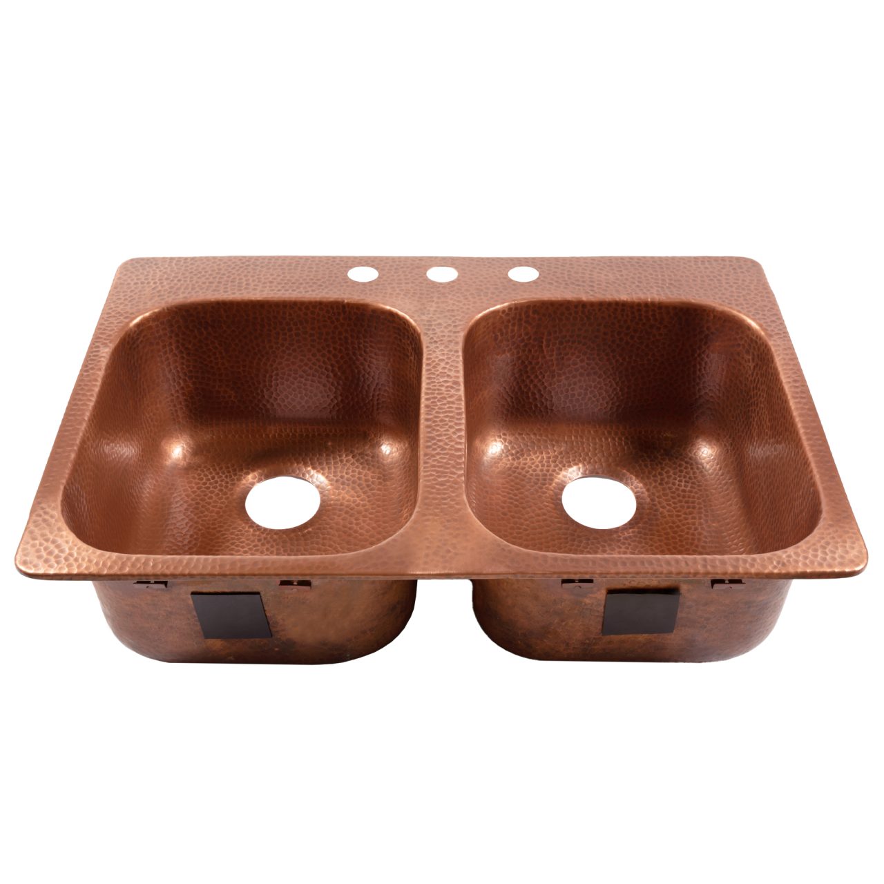 A copper rectangular drop-in double basin sink.