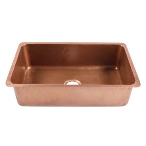 A copper rectangular undermount sink.