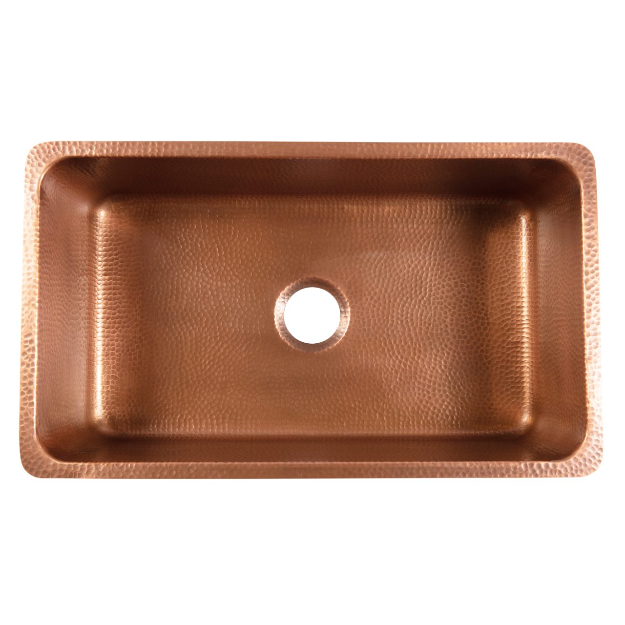A copper rectangular undermount sink.