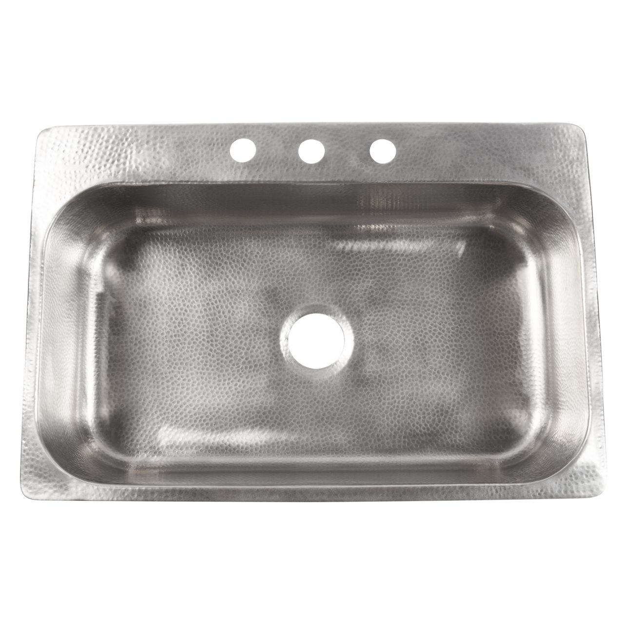 A hand hammered stainless rectangular drop-in sink.