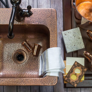 A drop-in bar prep copper sink mood board with matching kitchen accessories