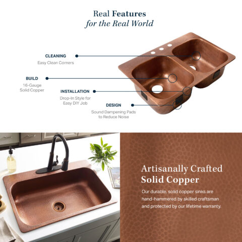 The image highlights a solid copper sink, featuring easy-to-clean corners, 16-gauge solid copper construction, drop-in installation for easy DIY, and sound-dampening pads. It emphasizes that the sink is hand-hammered by skilled craftsmen and comes with a lifetime warranty.