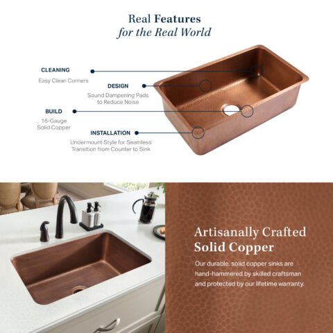 The image features a solid copper sink, highlighting its easy-to-clean corners, 16-gauge solid copper build, seamless undermount installation, and sound-dampening pads. The sink is hand-hammered by skilled craftsmen and comes with a lifetime warranty.