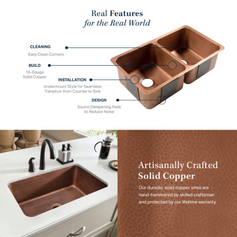 The image features a solid copper sink, highlighting its easy-to-clean corners, 16-gauge solid copper build, seamless undermount installation, and sound-dampening pads. The sink is hand-hammered by skilled craftsmen and comes with a lifetime warranty.