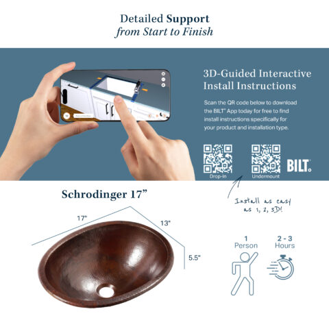The image highlights the Schrodinger 17" sink with SKU number BOU 1713BC, providing its dimensions (17" x 13" x 5.5") and emphasizing the ease of installation using 3D-guided interactive instructions via the BILT app. The installation is designed to be completed by one person in about two-three hours.