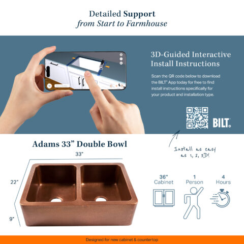 The image promotes the Adams 33" Double sink by Sinkology, with SKU number K2A 1005ND. Highlighting its easy installation,3D-guided instructions via the BILT app. Including sink's dimensions and mentions that it requires a 36" cabinet, can be installed by one person in approximately 4 hours.