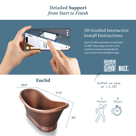 The image promotes the Euclid bathtub with SKU number TBT 7132HA, highlighting its dimensions (33.5" x 71.5" x 33") and emphasizing the ease of installation using 3D-guided interactive instructions available through the BILT app. The installation is designed to be completed by one person in approximately three hours.