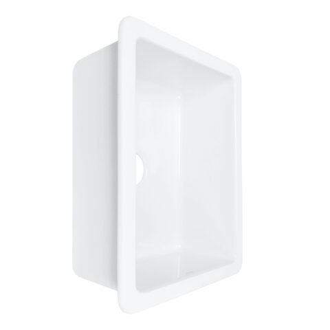 Crisp white fireclay undermount kitchen sink with a 3.5" drain hole