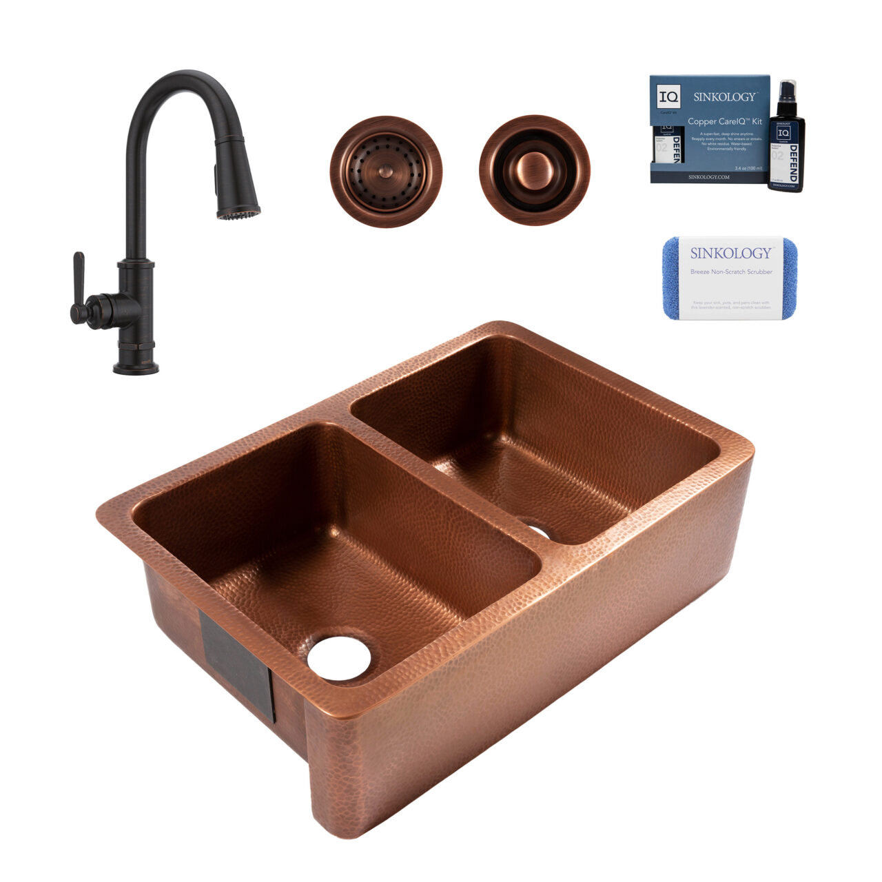 Adams 33" Double Bowl Copper Sink with Bronze Port Haven Faucet
